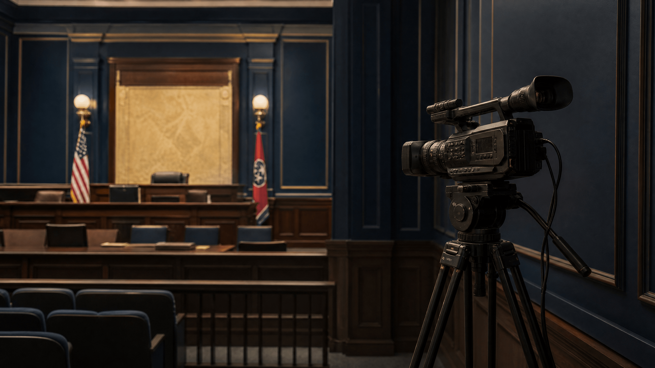 A video camera on a tripod positioned discreetly in an empty courtroom.