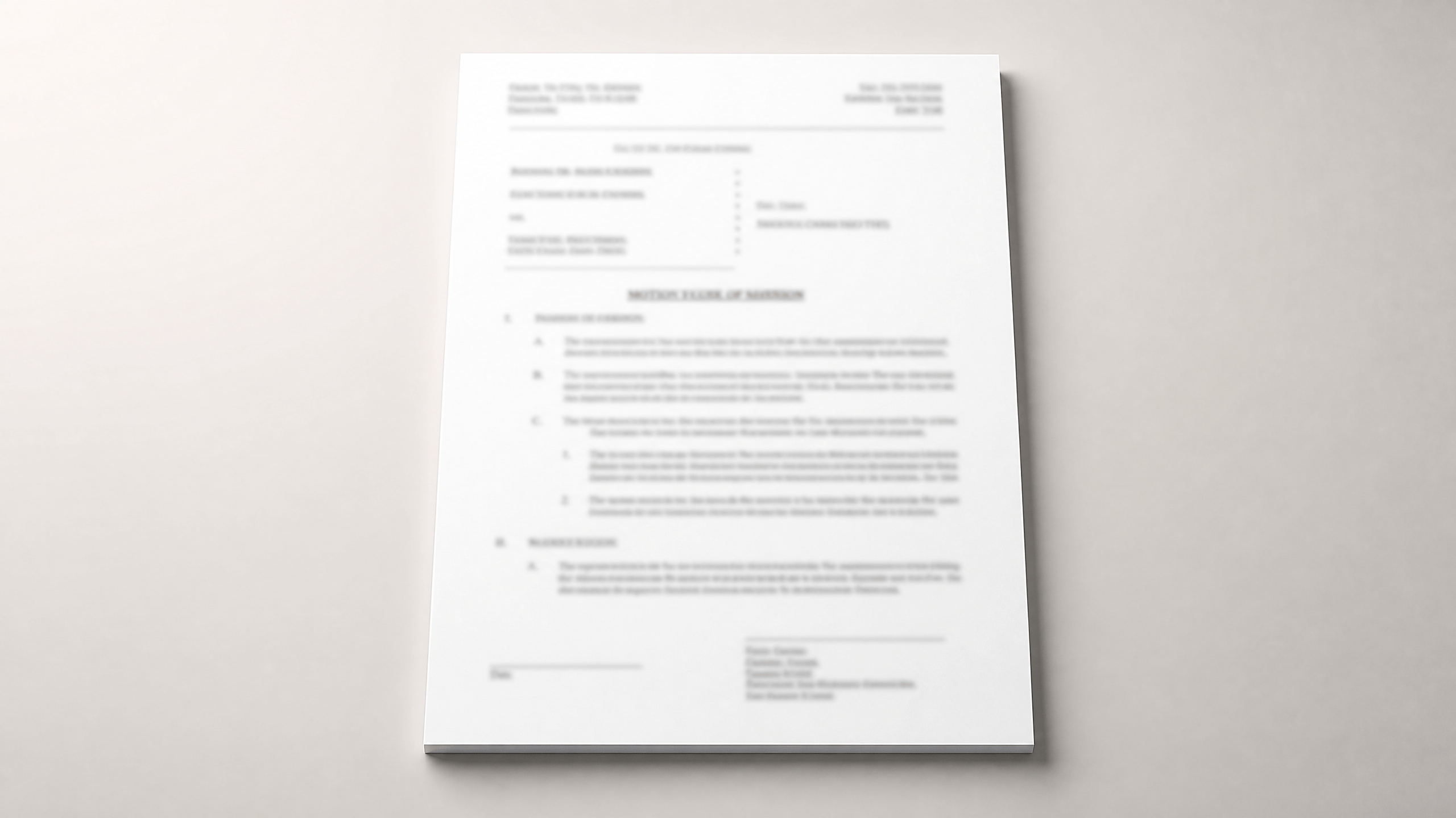 A blurred legal motion document, illustrating the structure of a written request to the court.