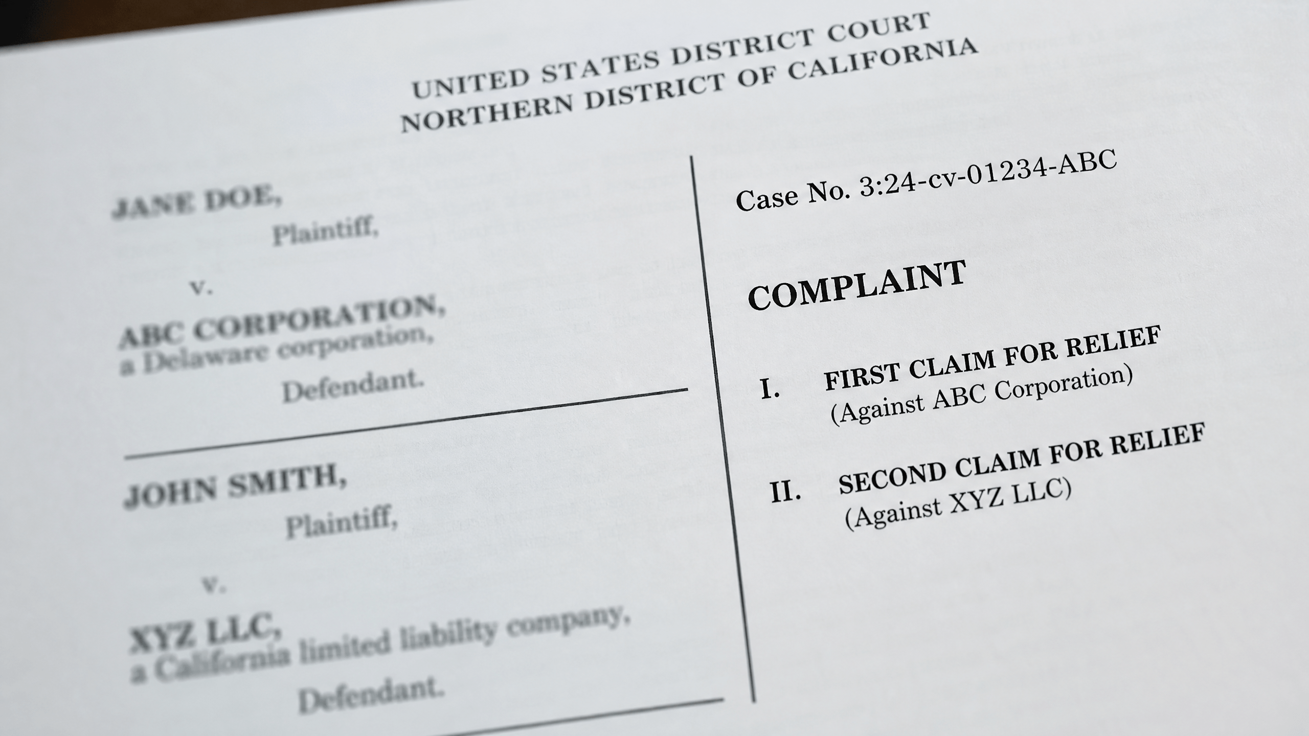 A blurred legal complaint, illustrating the different targets of two civil claims.