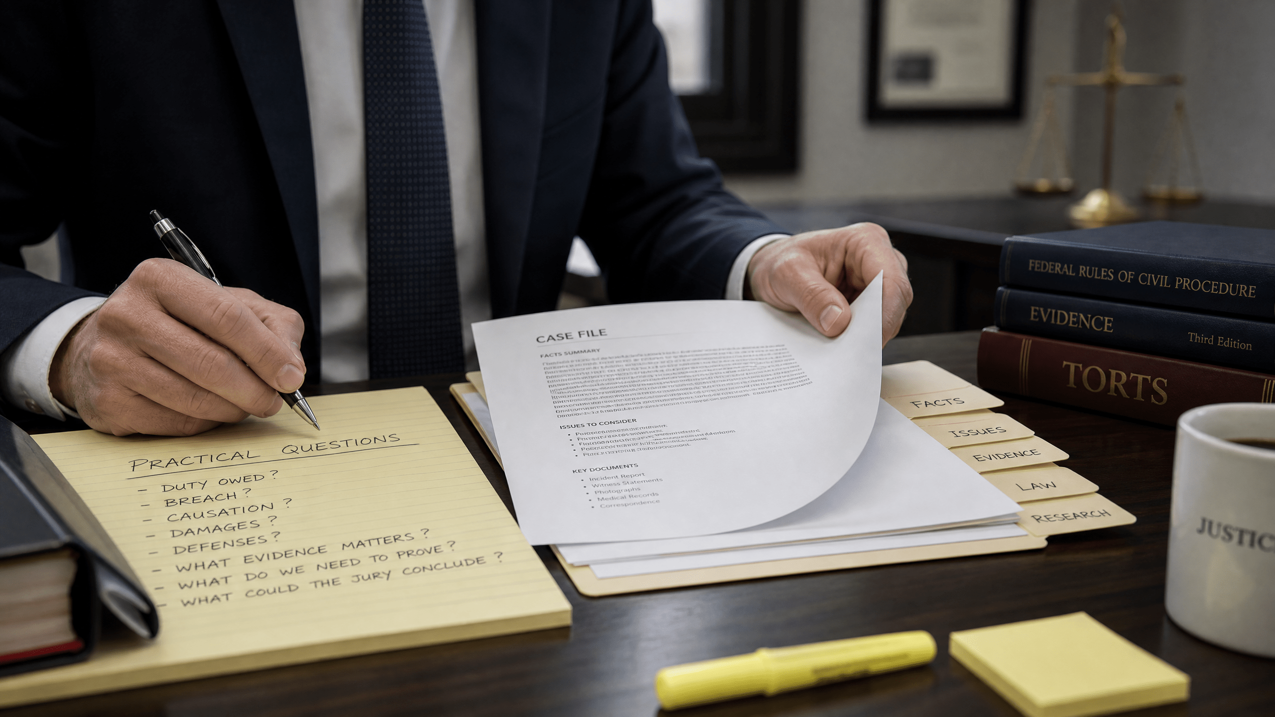 A lawyer reviewing a file, illustrating how elements shape practical questions in a case.