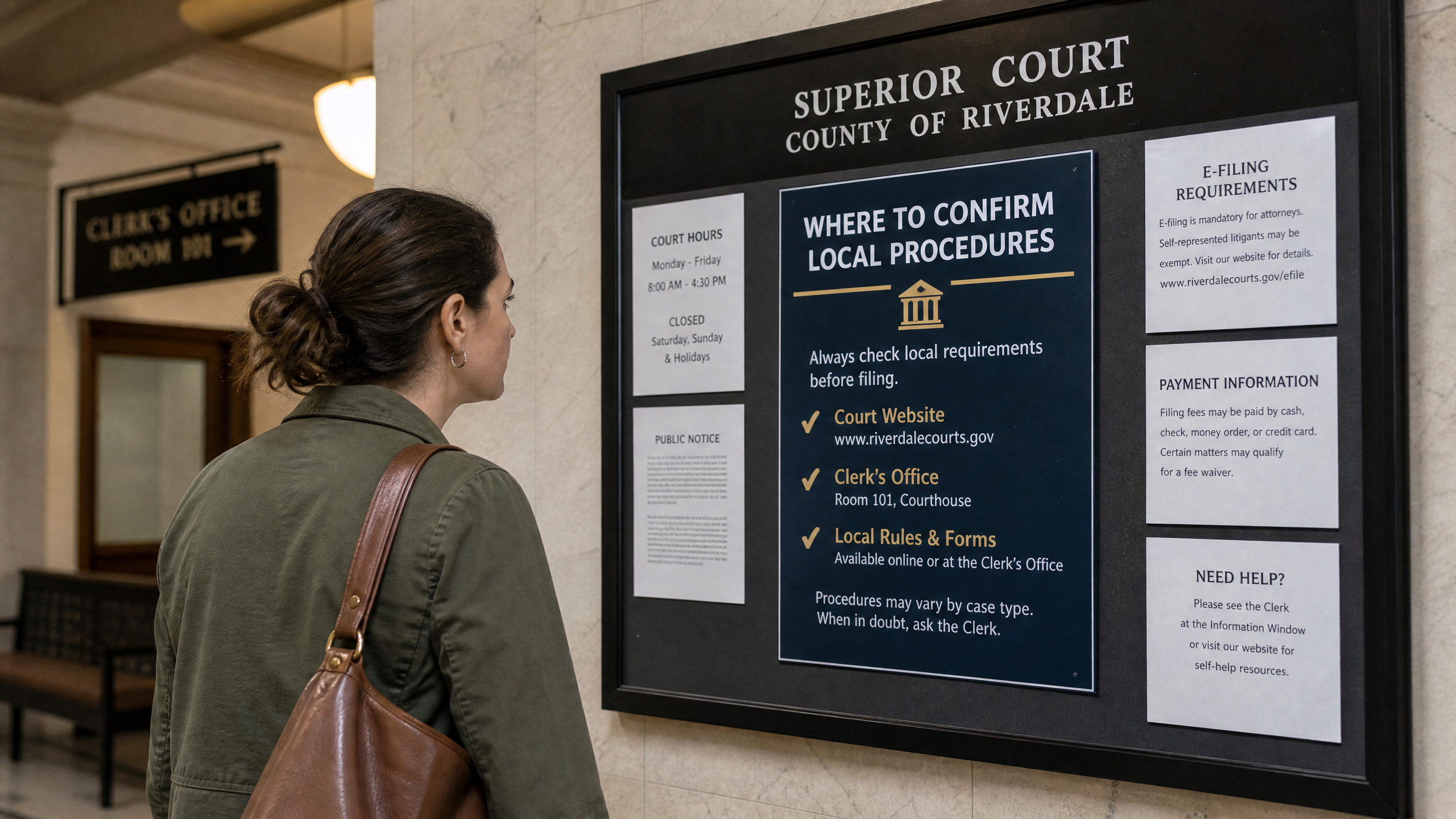 Confirming local procedures A person reading a courthouse bulletin board, illustrating where to confirm local procedures.