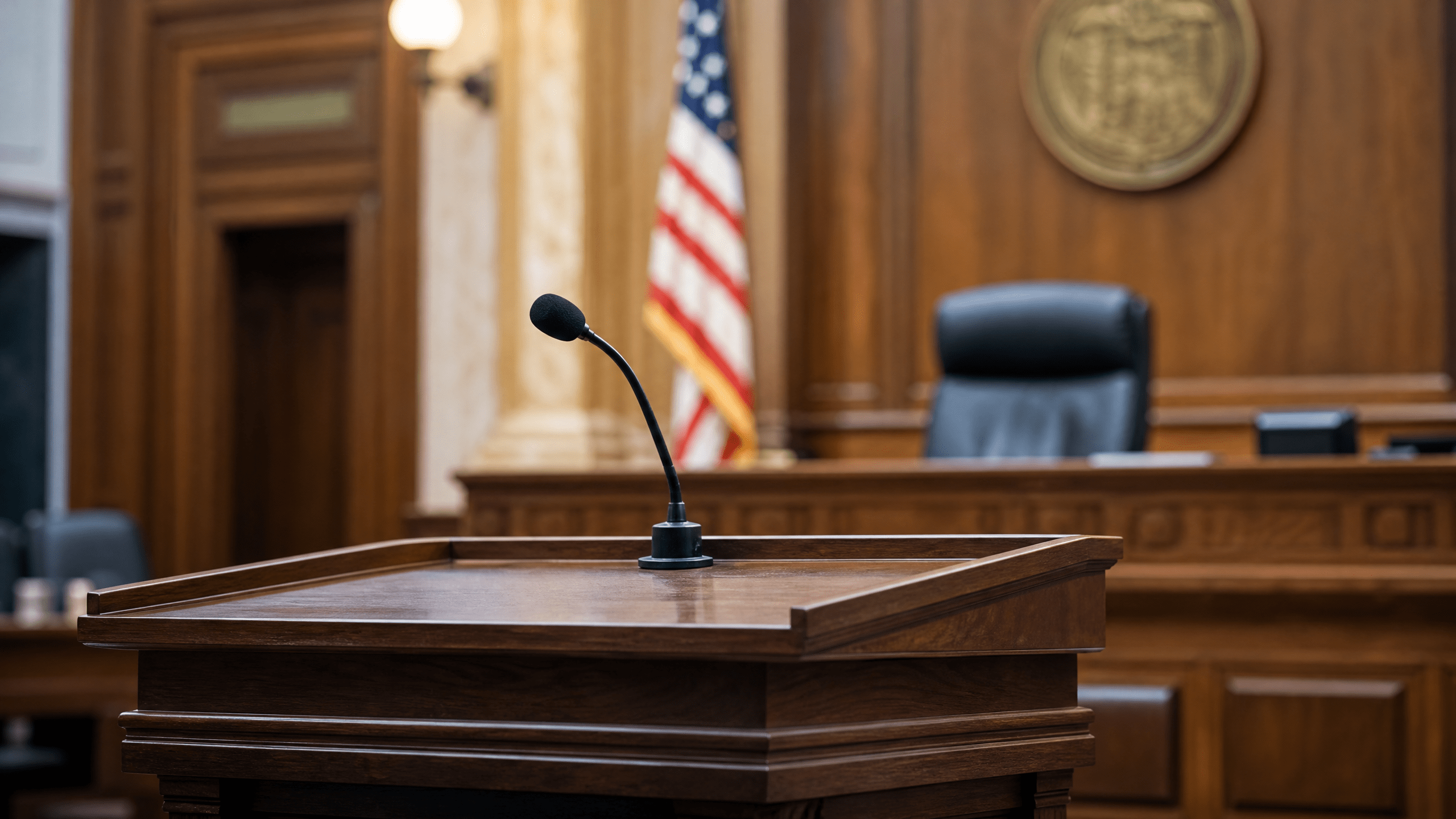 A courtroom podium with a microphone, illustrating the setting for oral arguments.