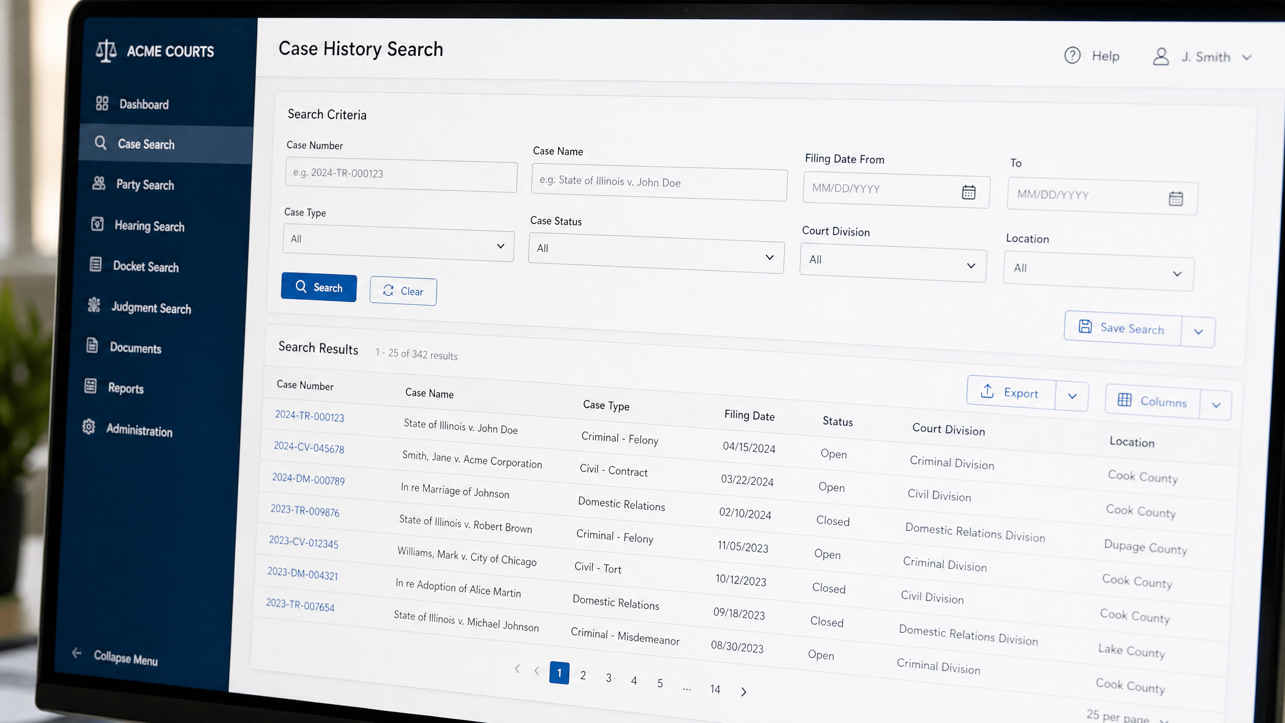 A computer screen displaying a case history search interface, representing the Public Case History tool.