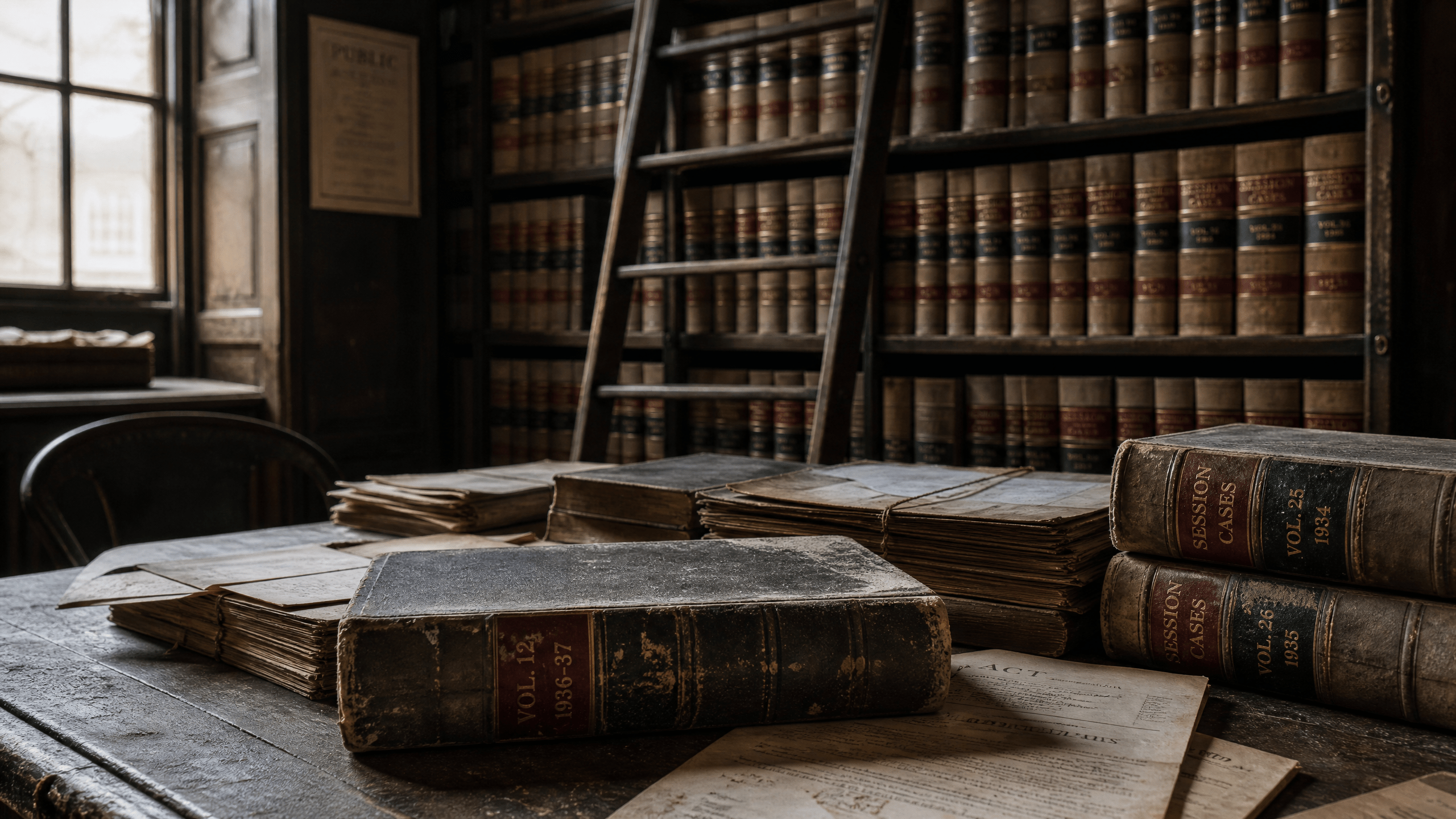 An old, dusty legal archive or library, illustrating the State Library & Archives for historical court records.