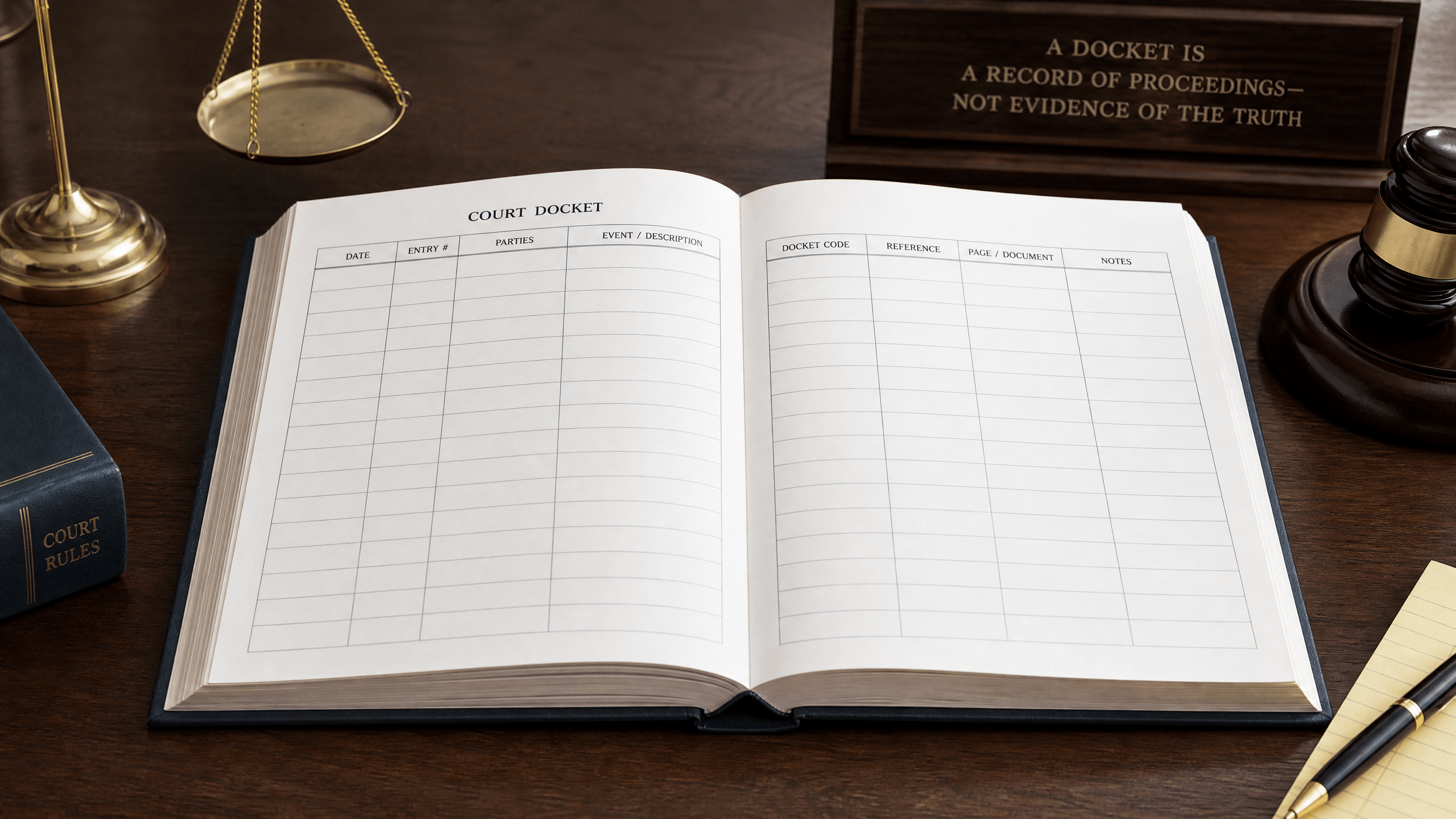 A blank logbook or ledger, symbolizing what a court docket is and is not.