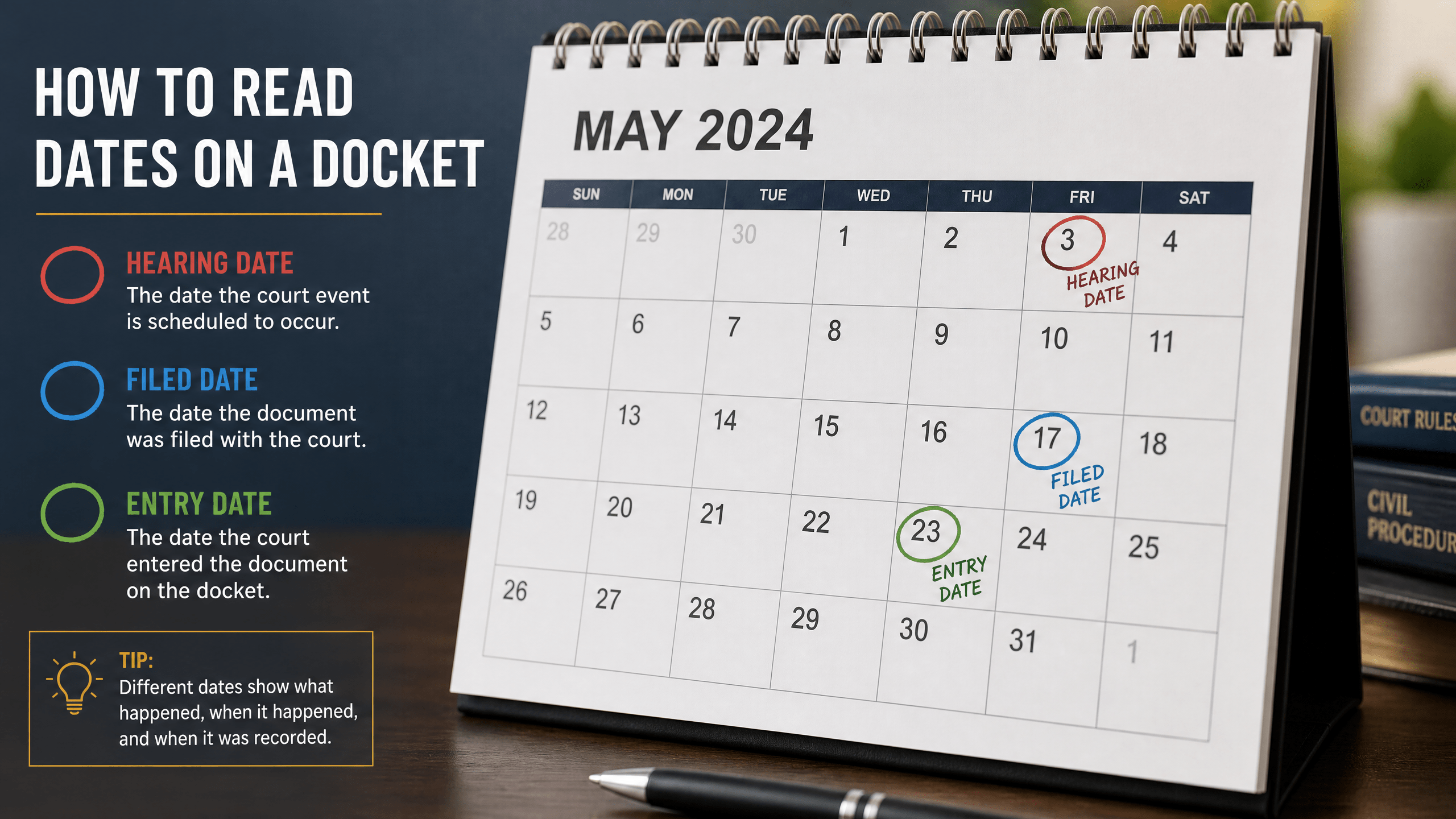 A calendar with circled dates, illustrating how to read dates on a docket.