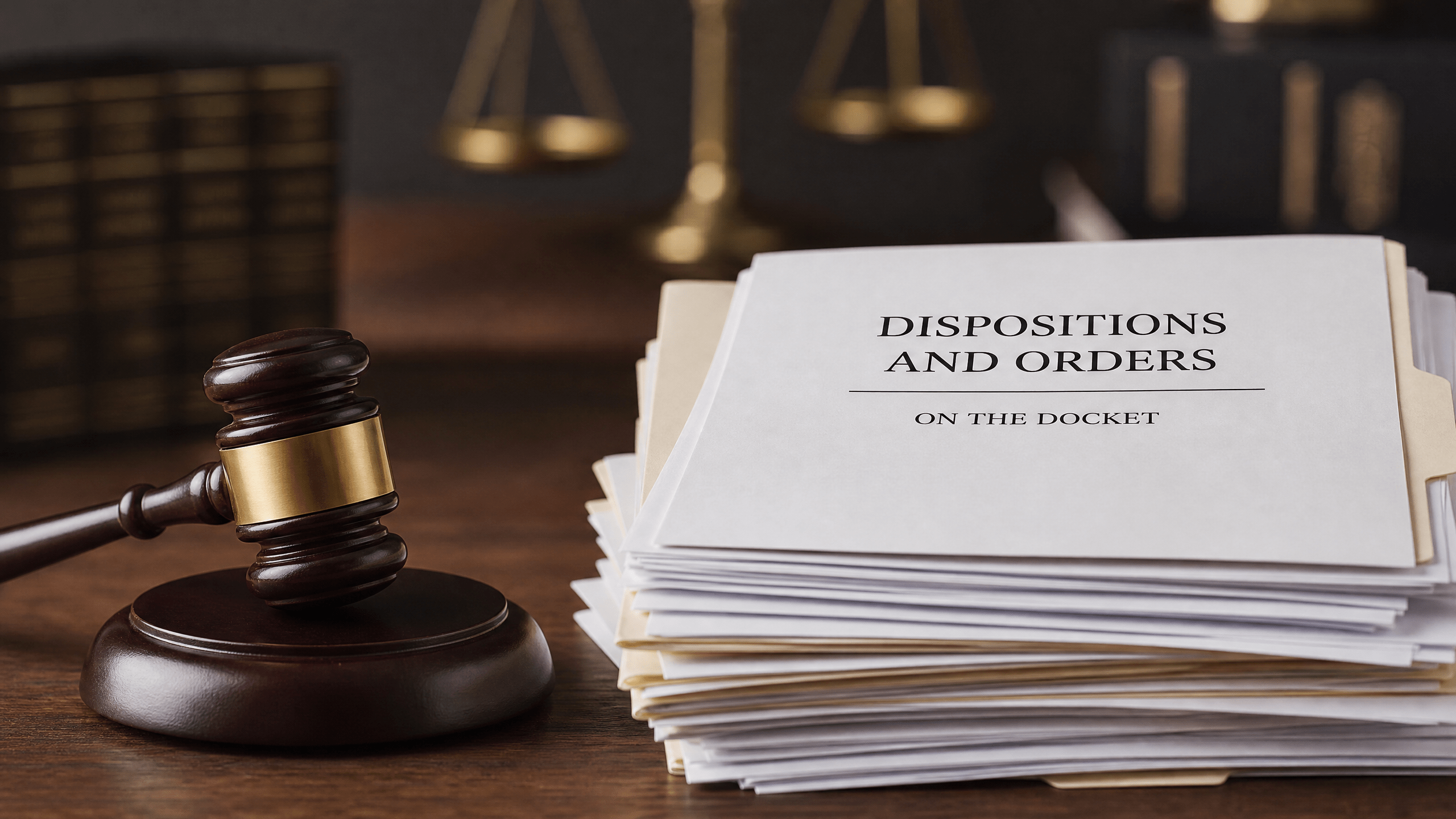 A judge's gavel next to a stack of papers, symbolizing how to read dispositions and orders on a docket.