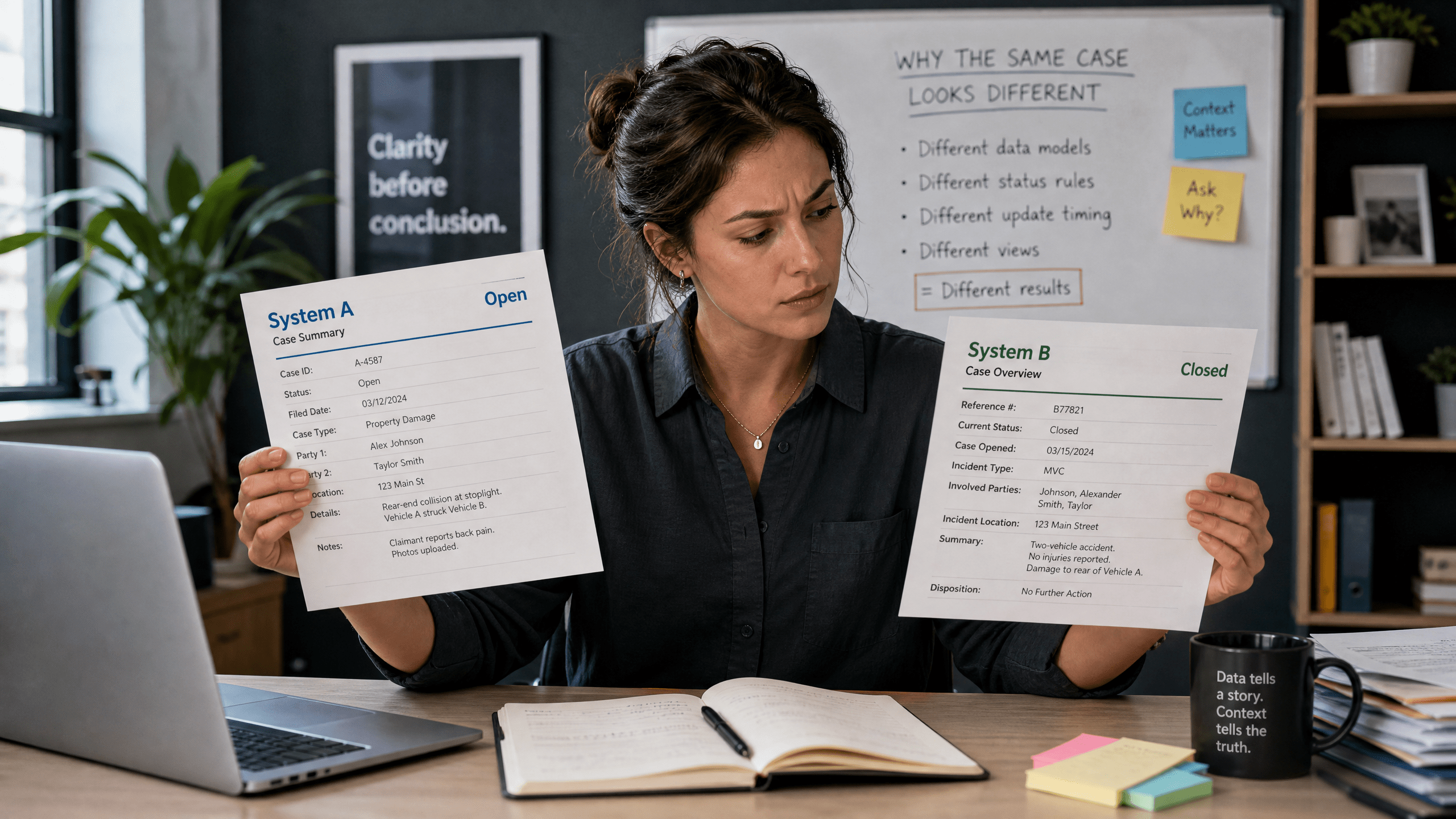 A person comparing two different documents, illustrating why the same case can look different across systems.