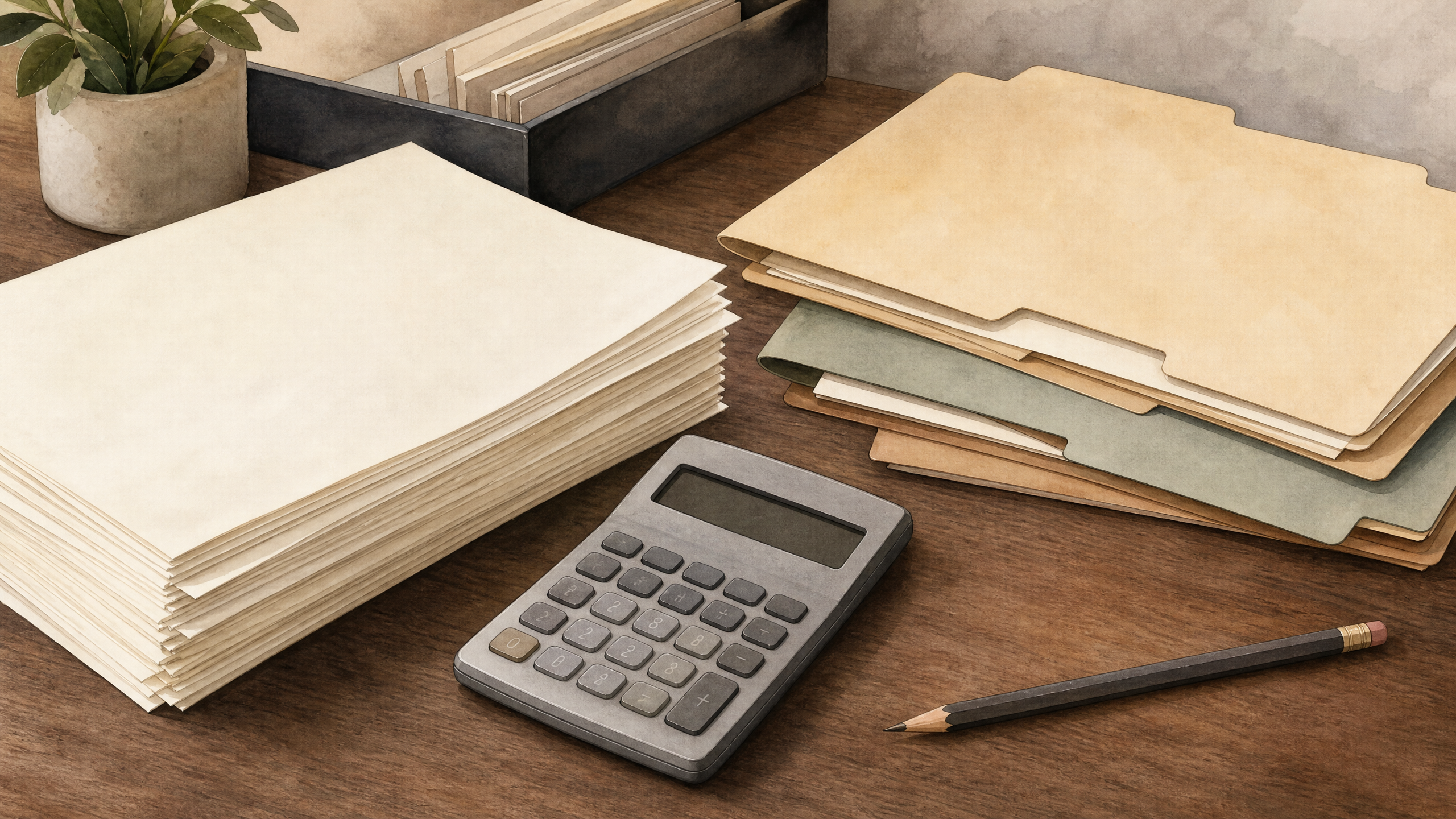 Stacked blank papers, an unmarked calculator, neutral file folders, and a pencil, illustrating Tennessee litigation costs and court filings.