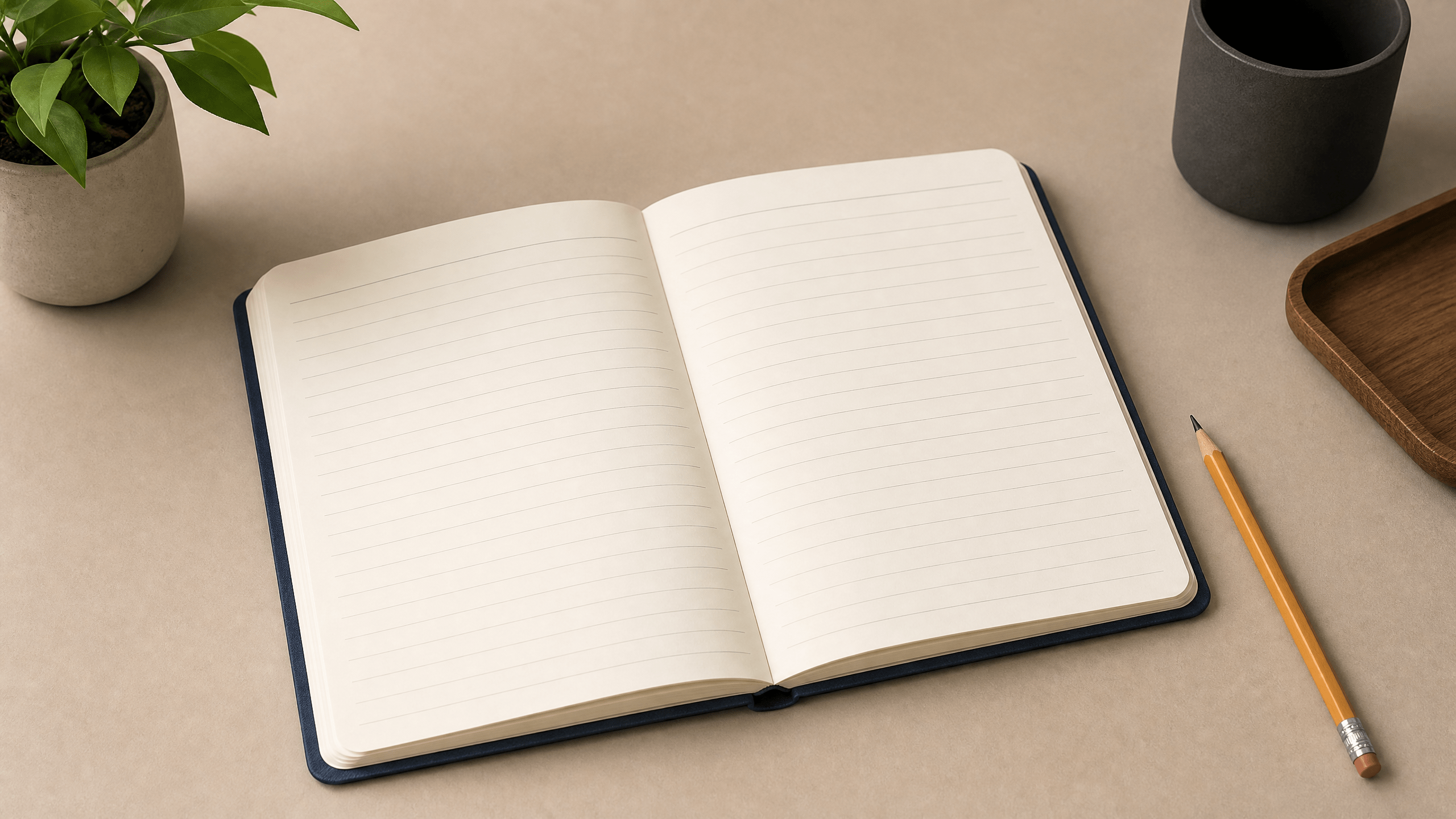 An open blank notebook with unmarked ruled lines and a pencil, symbolizing what a docket shows and does not show.