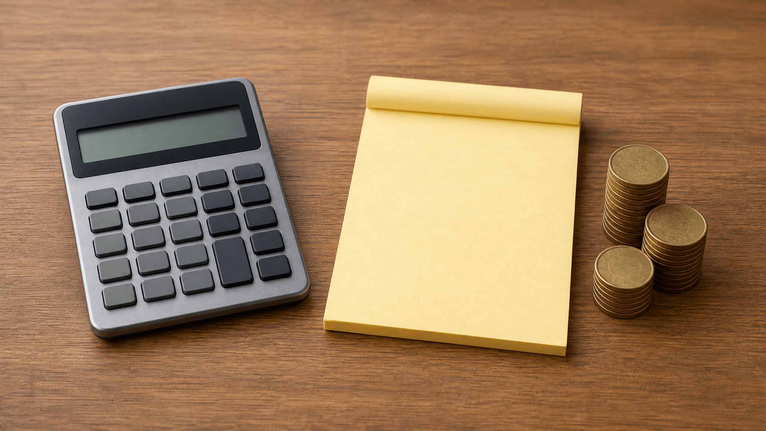 An unmarked calculator beside a blank yellow notepad and plain coins, symbolizing costs and the public record.
