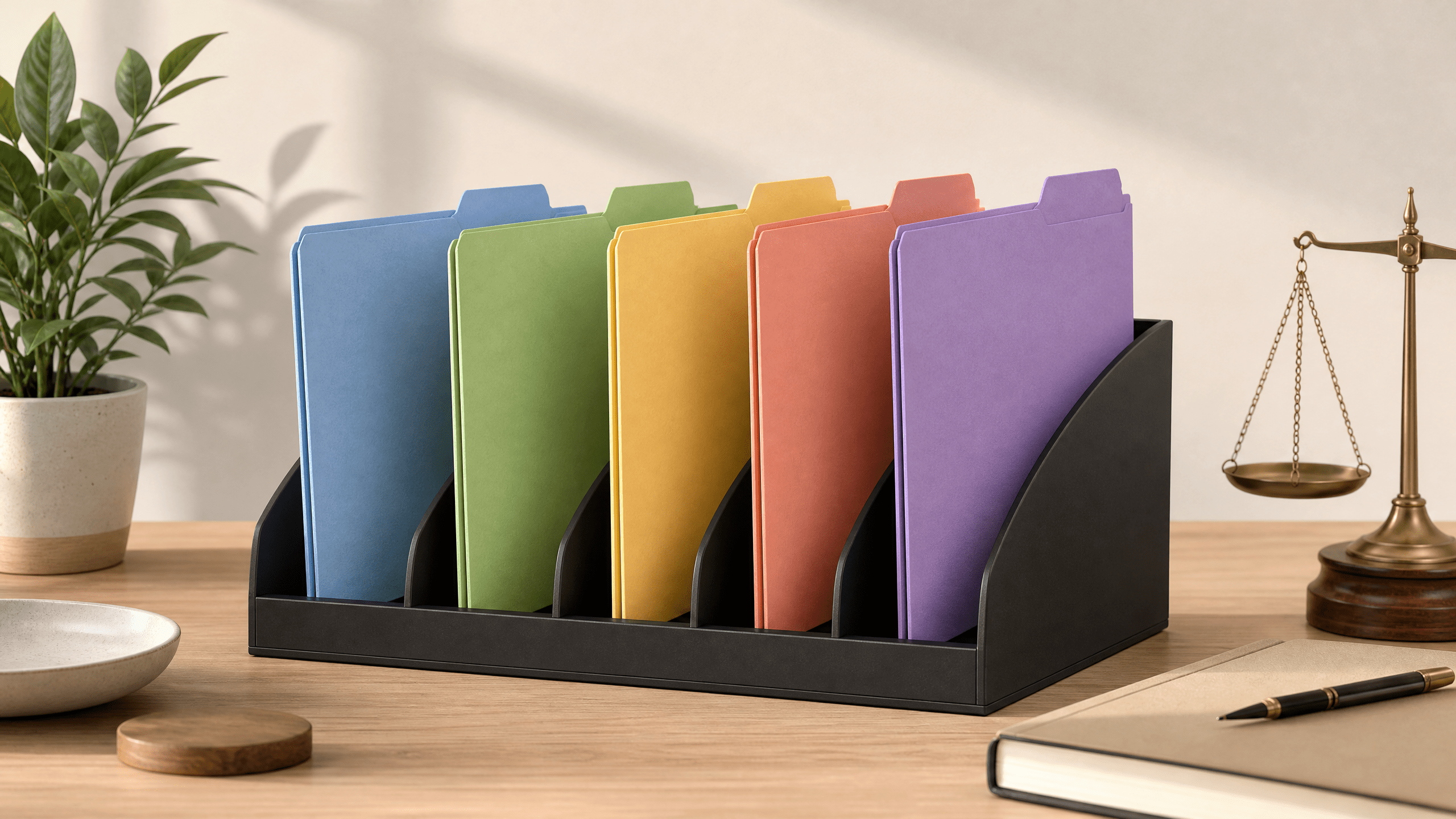 Five plain unlabeled color-coded file folders in a desk organizer, illustrating keeping legal categories straight.