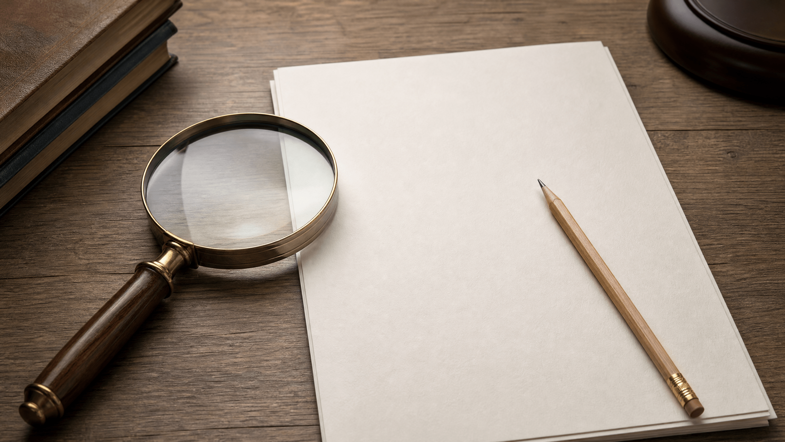 A magnifying glass beside a blank unmarked document and pencil, symbolizing careful docket reading.