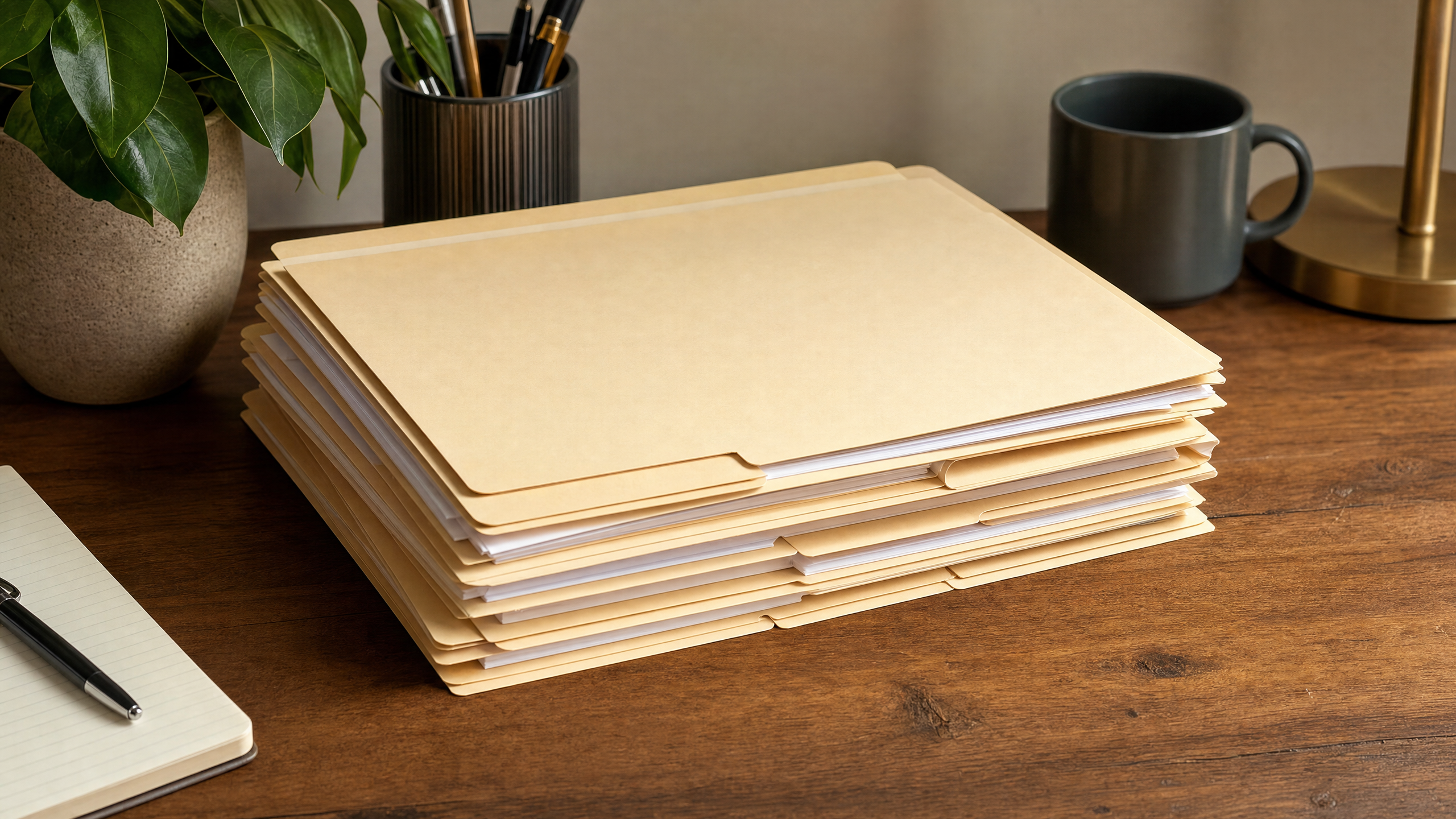 A neat stack of plain manila file folders on a wooden desk.