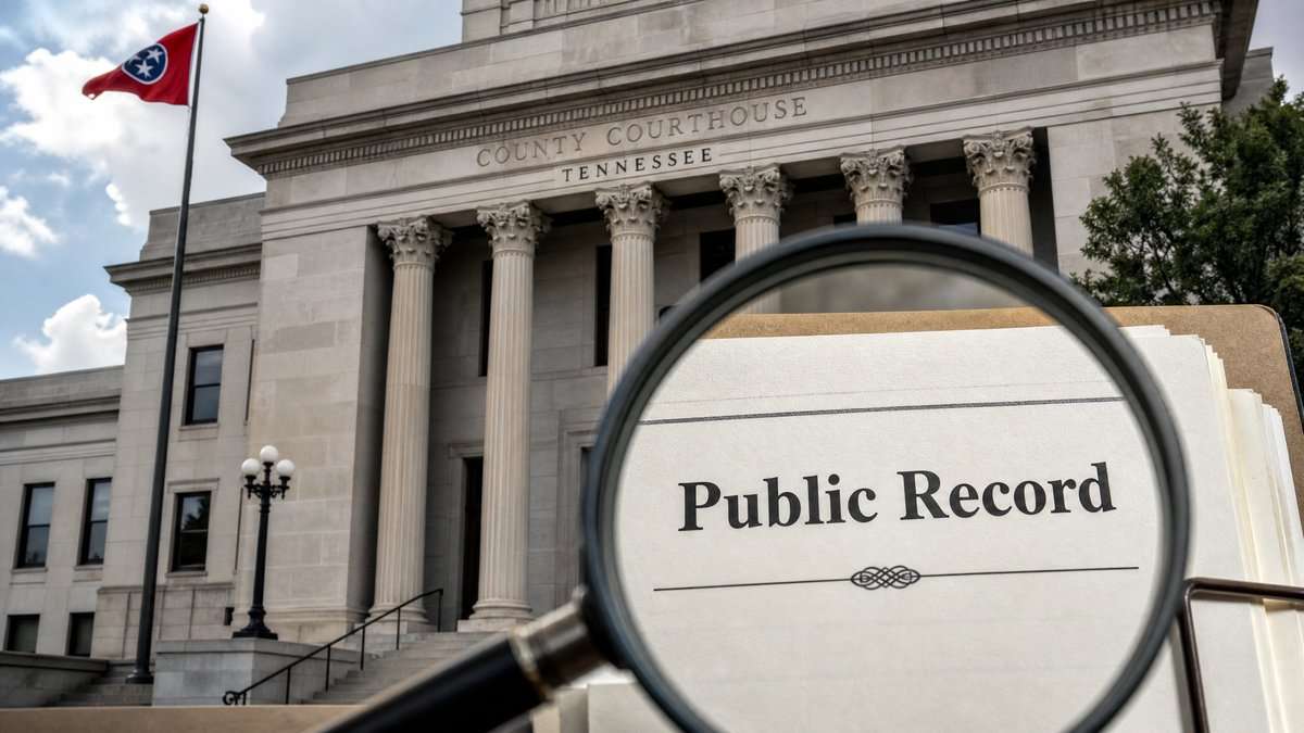Tennessee courthouse facade with public record magnifying glass