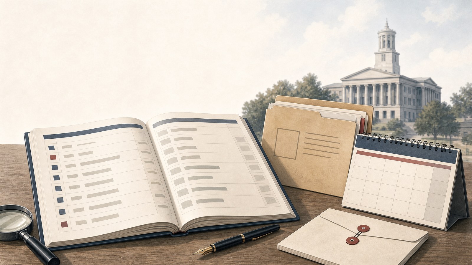 An open court docket beside a case file and calendar, representing the timeline of filings, hearings, orders, and case-status entries.
