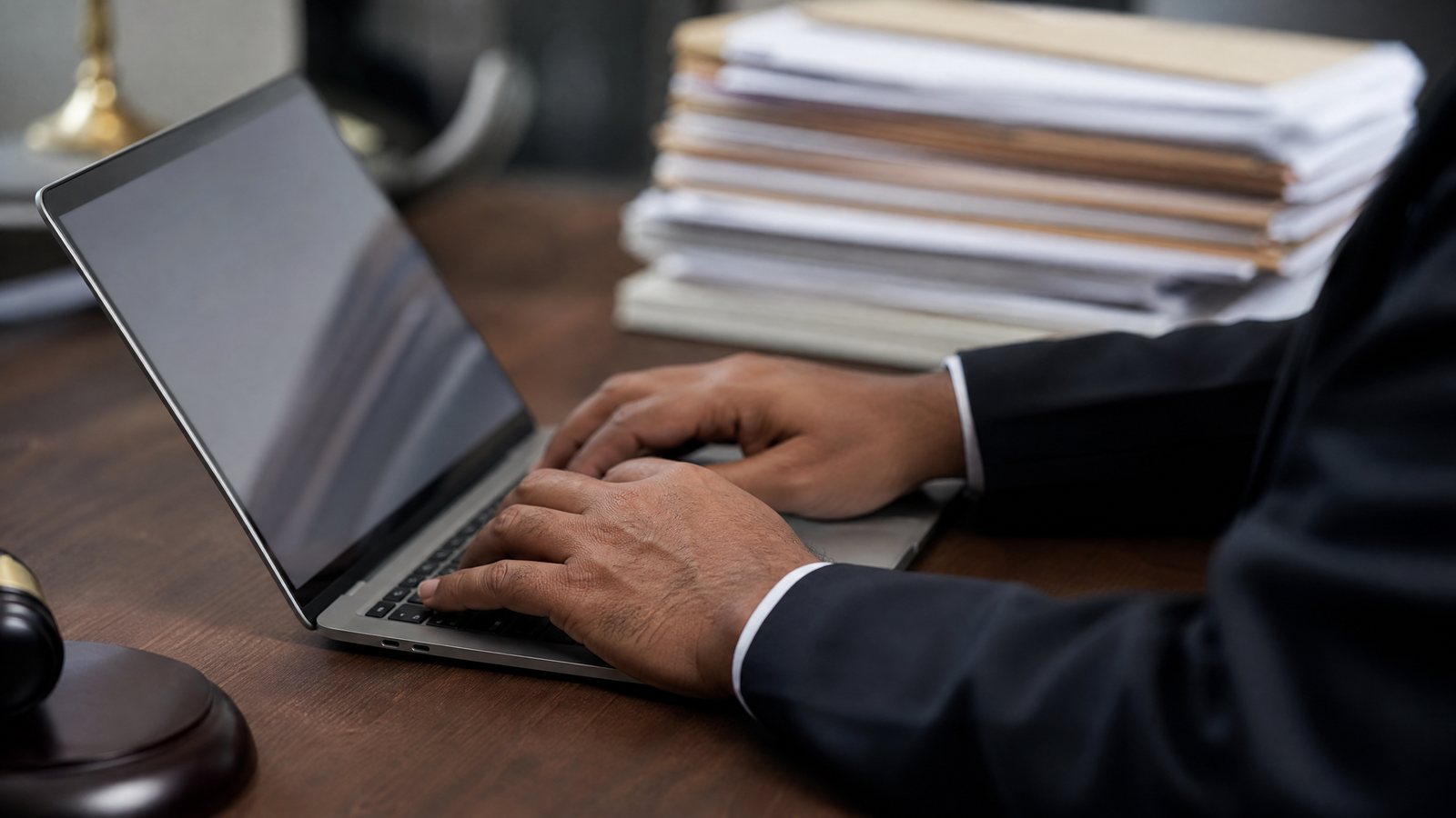 A photograph of hands typing on a laptop, illustrating the review of public court records.