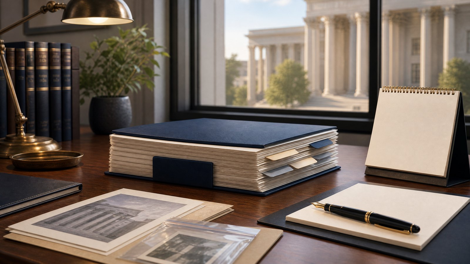 An orderly legal filing workspace with a motion file, calendar, evidence documents, and courthouse columns.