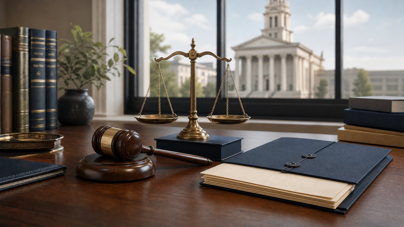 A judge’s gavel, balanced scales, court order, and organized legal files illustrating measured Rule 11 sanctions.