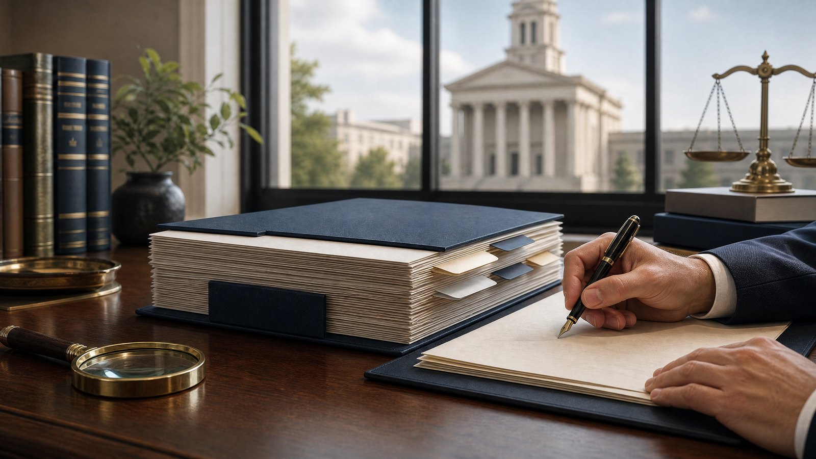 Legal materials and indexed records being reviewed carefully before a court filing is signed.
