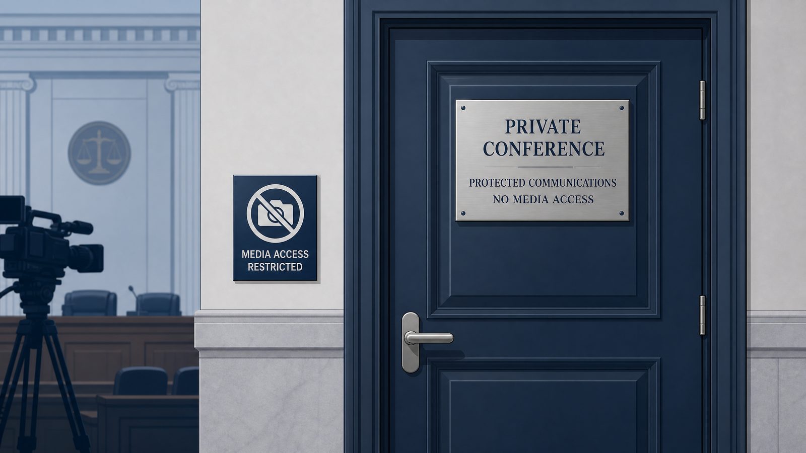 A closed door with a sign indicating a private conference, symbolizing limits on media access and protected communications in court.