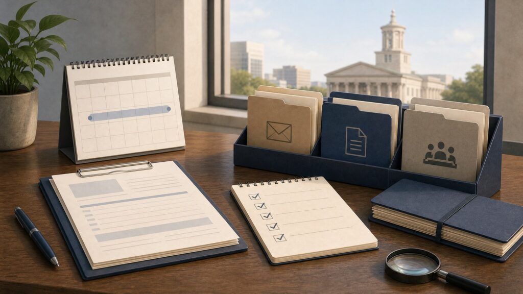 Specifying Details in a Tennessee Records Request A records-request planning desk with a date-range calendar, document folders, and a checklist for narrowing a Tennessee request.