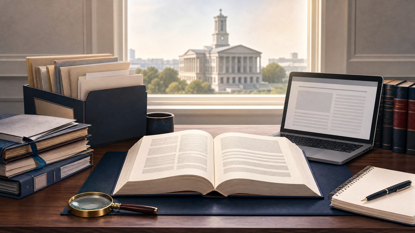 A legal research desk with appellate case files, a court opinion, a laptop, and the Tennessee State Capitol in the background.