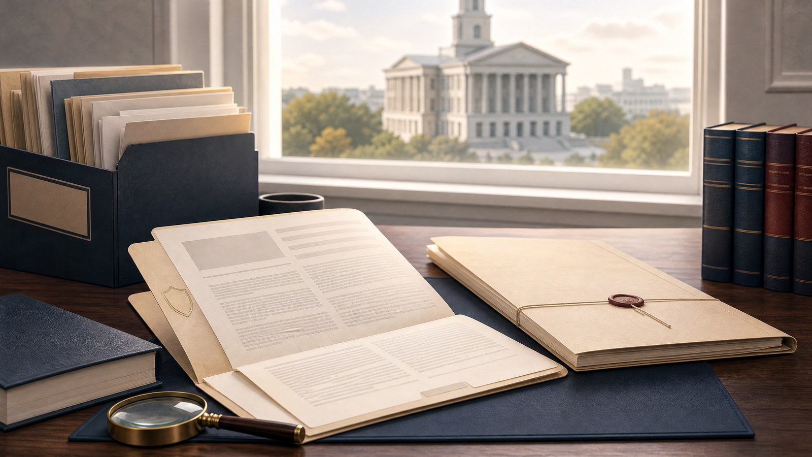 An open court file beside a sealed folder, a rulebook, and a privacy shield representing limits on public court-record access.