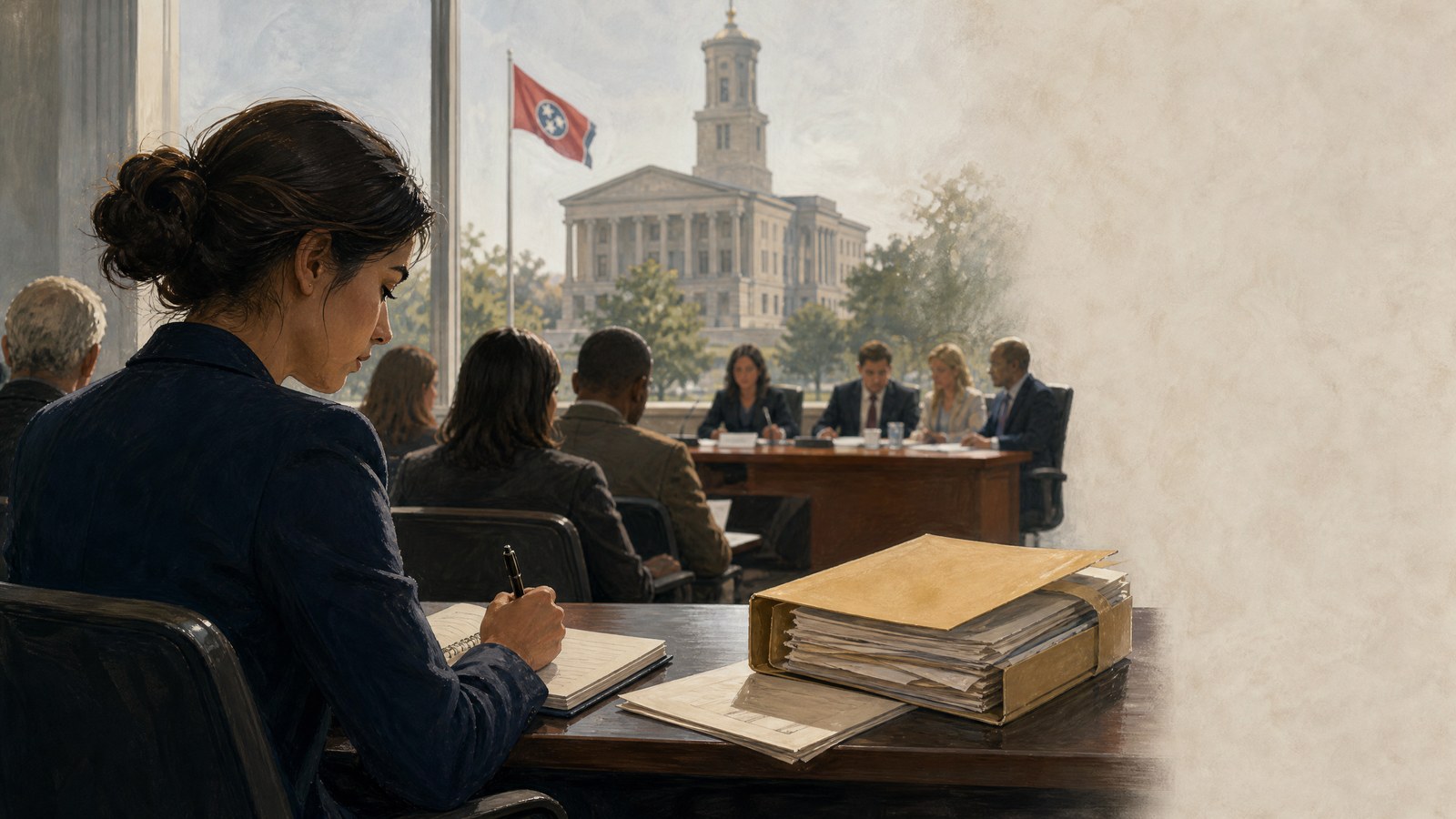 A reporter takes notes during an open Tennessee government meeting beside a visible public record folder and courthouse setting.