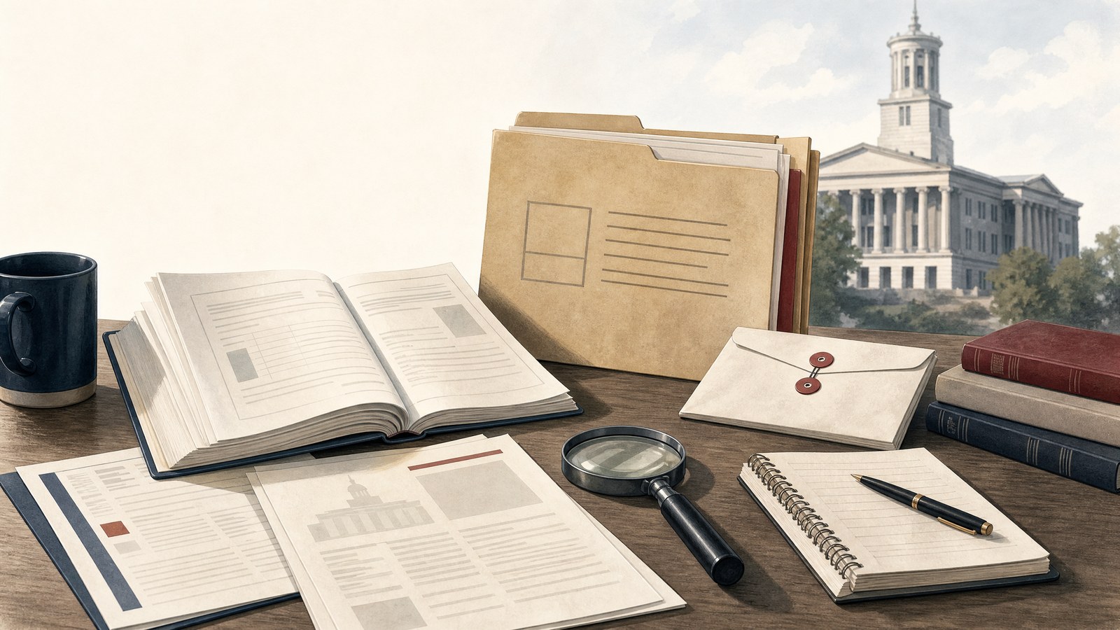 A carefully organized research desk with Tennessee court documents, public-records papers, legislative materials, a magnifying glass, and a notebook.