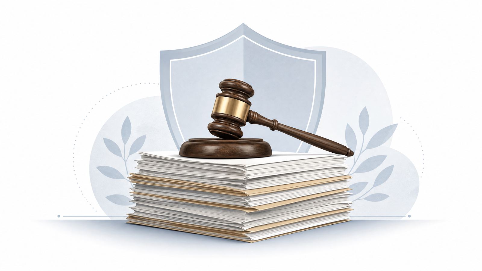 A wooden gavel resting on legal briefs in front of a subtle shield, representing procedural protection under the Tennessee Public Participation Act.