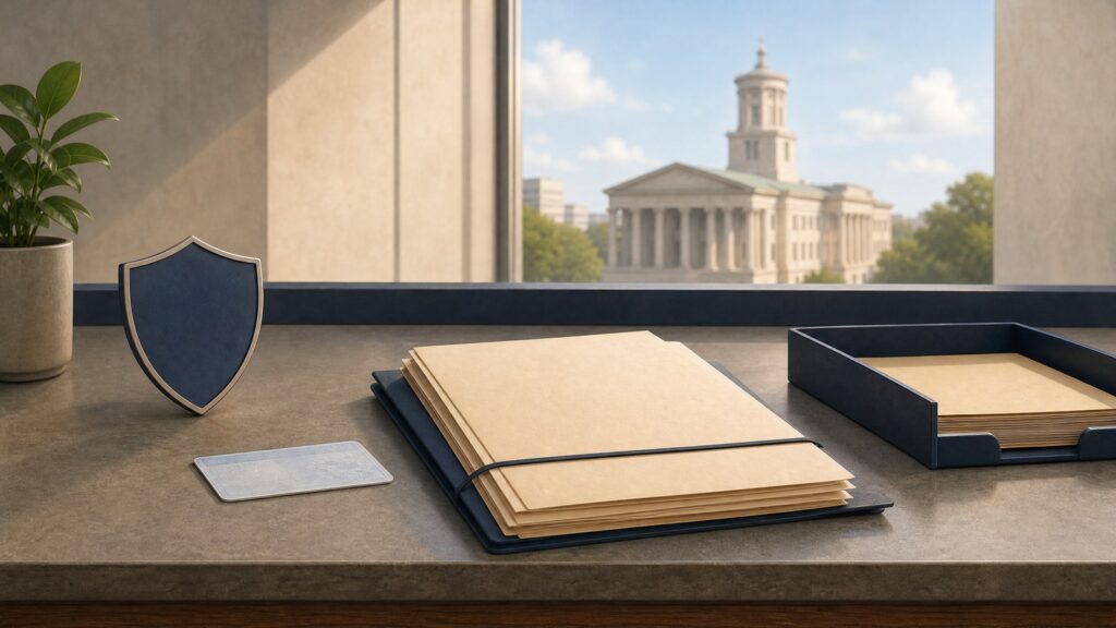 Tennessee Public Records Access Considerations A Tennessee public-records file beside a privacy shield, identification card, and courthouse, illustrating access considerations.