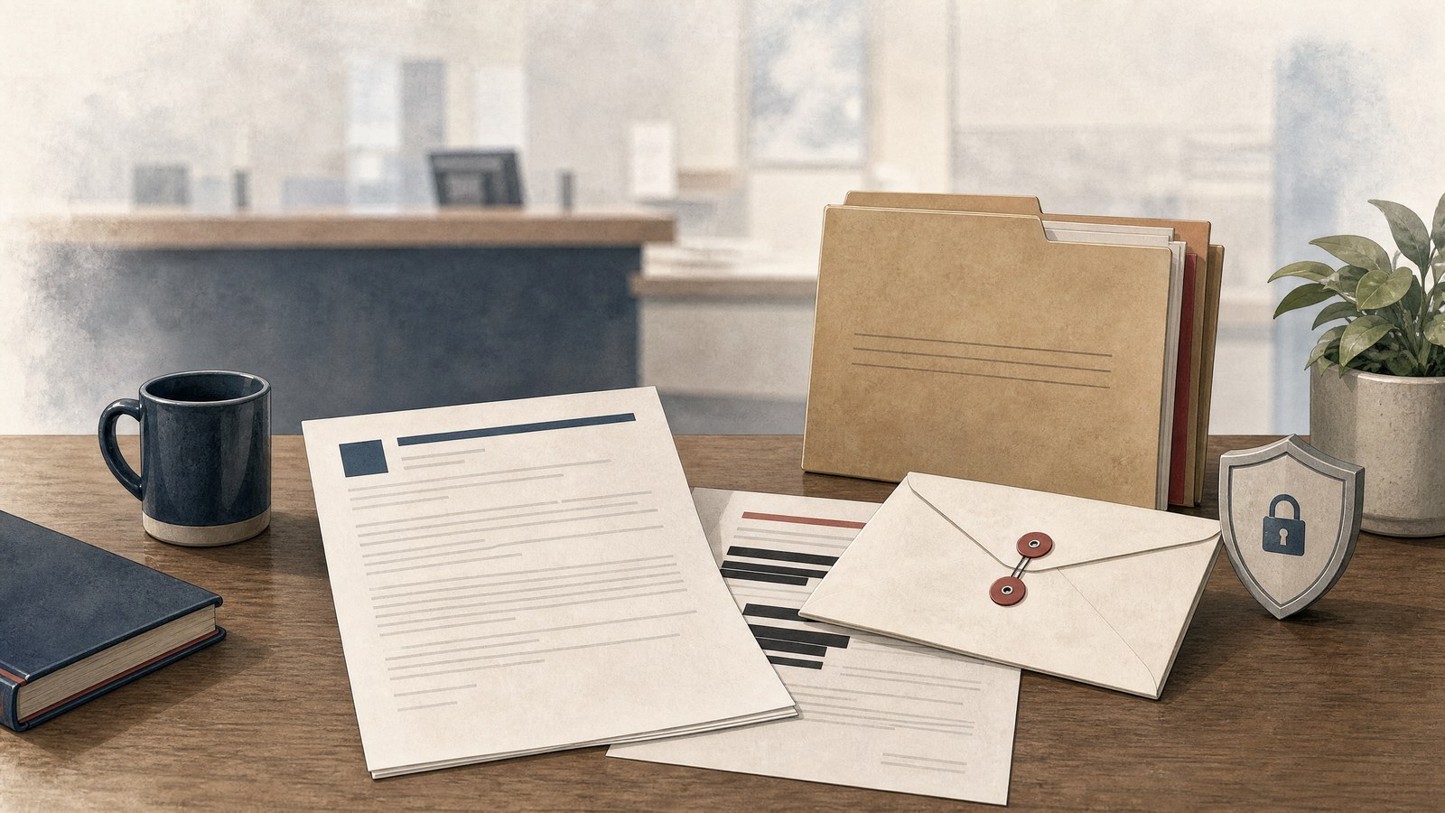 A Tennessee public-records request and response paperwork set on a desk with files and a privacy shield.