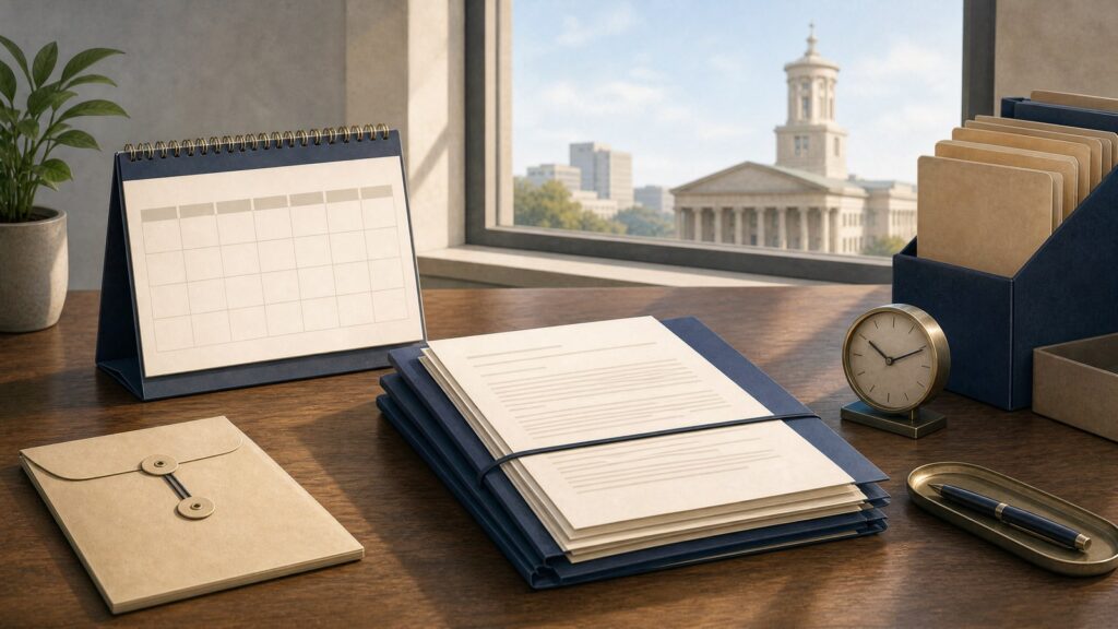Tennessee Public Records Response Timeline A Tennessee public-records response workflow with a calendar, documents, a cost estimate, and a courthouse in the background.