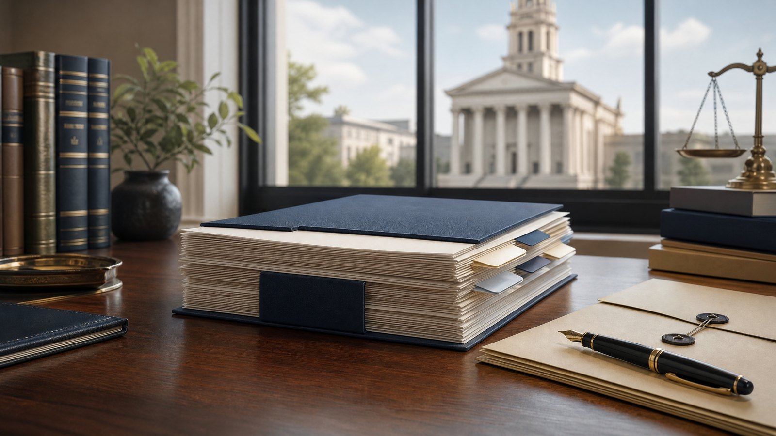 A carefully organized court filing with a pen, evidence folder, and Tennessee courthouse in the background.
