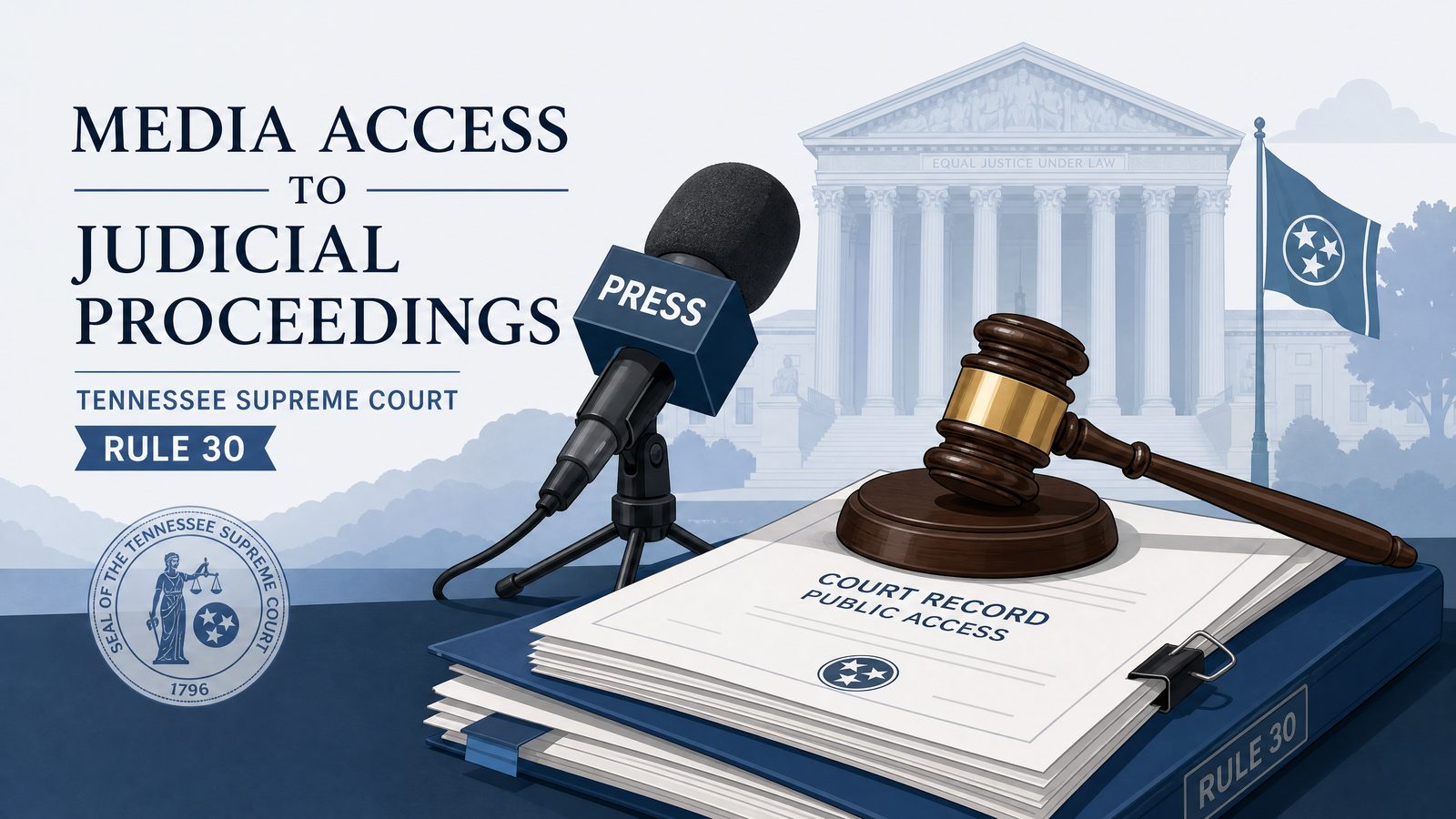 A microphone and a gavel resting on a stack of legal documents, representing media access to judicial proceedings.