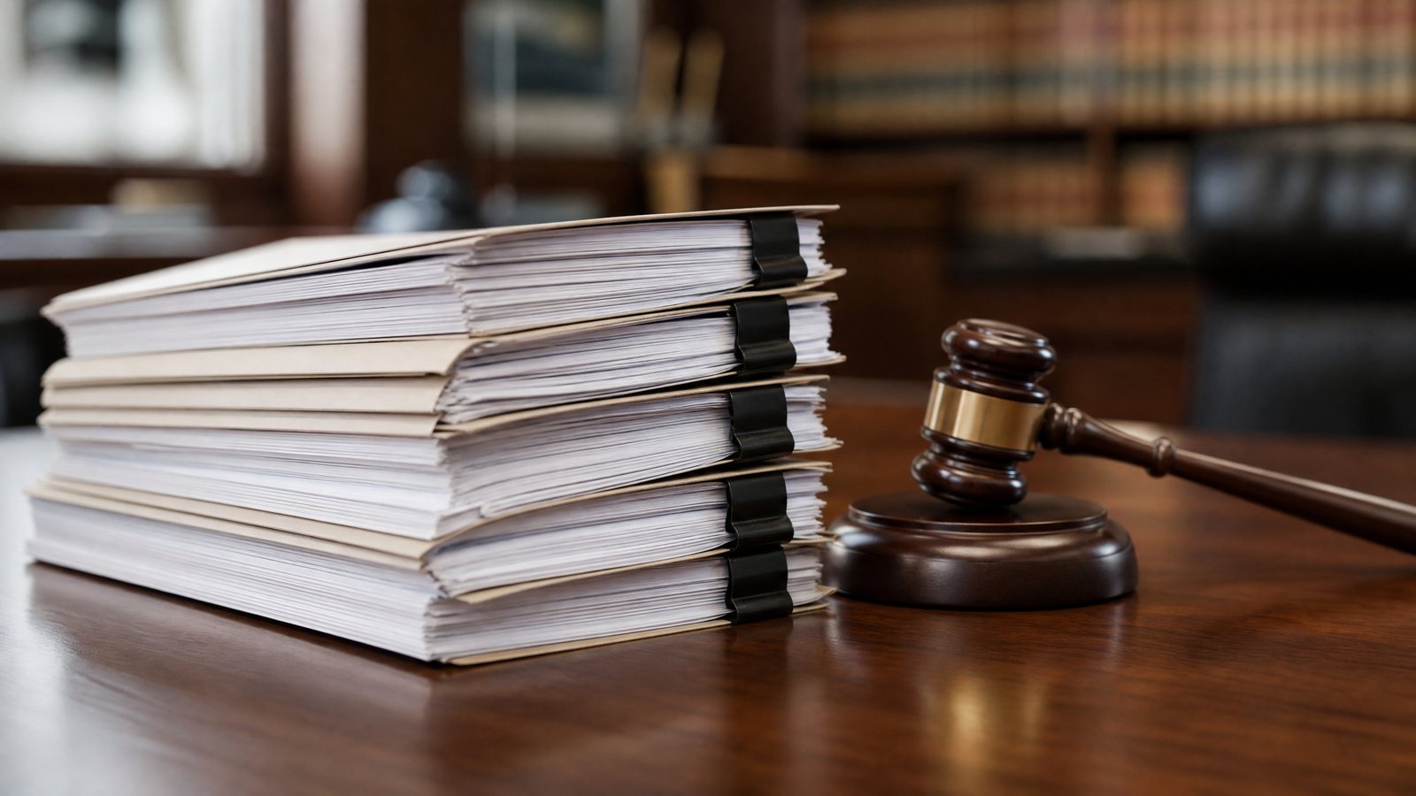 A photograph of bound legal briefs and a gavel on a polished desk, representing a court ruling.