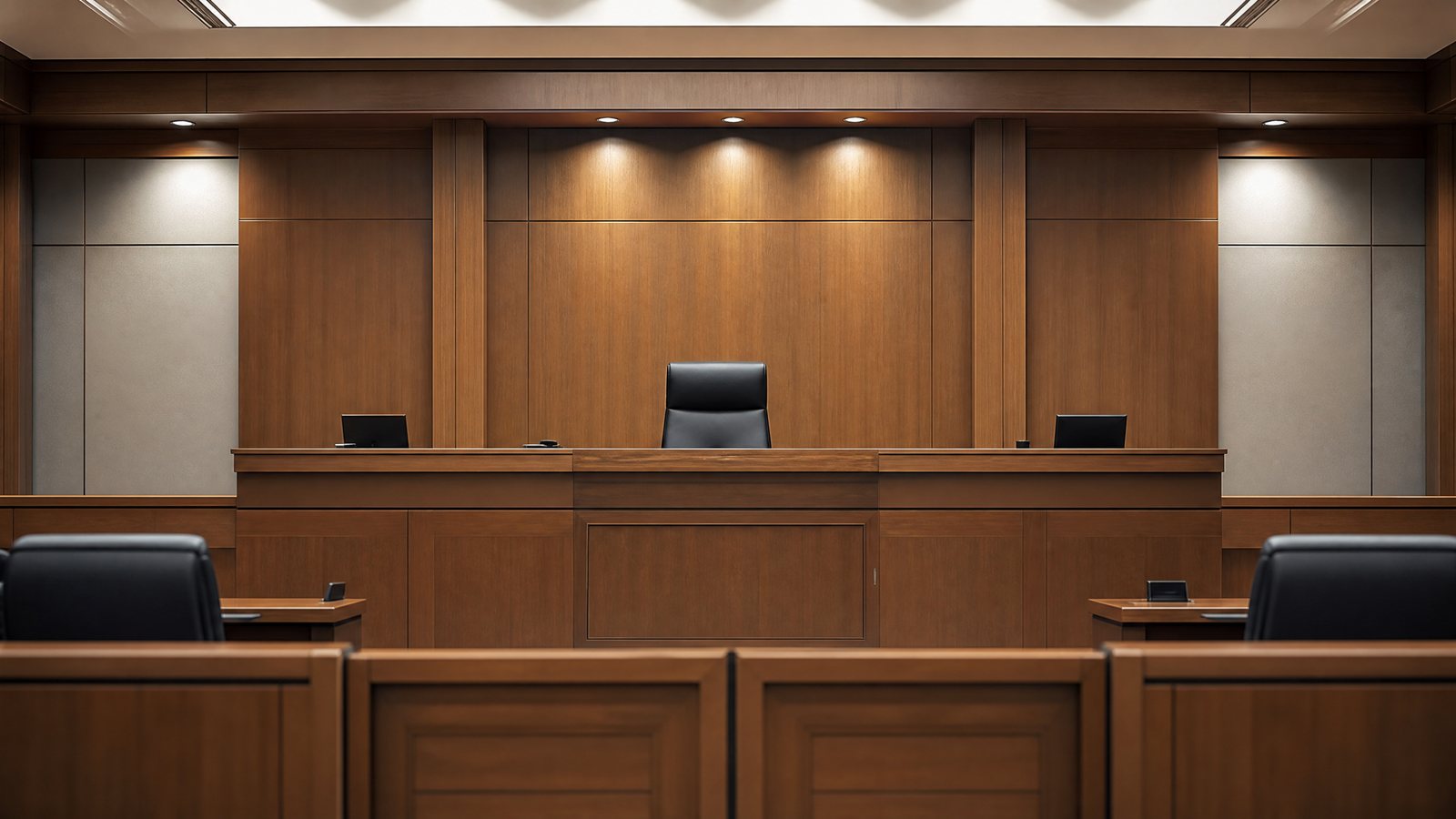 A photograph of an empty courtroom bench, representing a judicial holding.