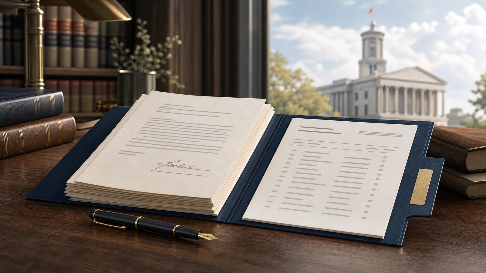 An organized Tennessee civil-case file with a signed court order, docket sheet, and courthouse in the background.