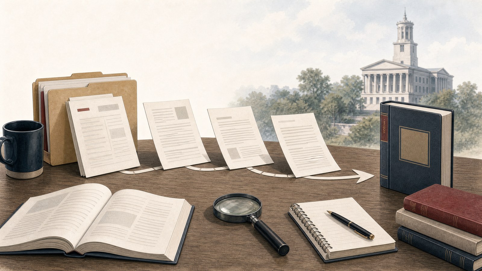 A Tennessee legislative bill-tracking path from documents to a bound public chapter, with the State Capitol in the background.