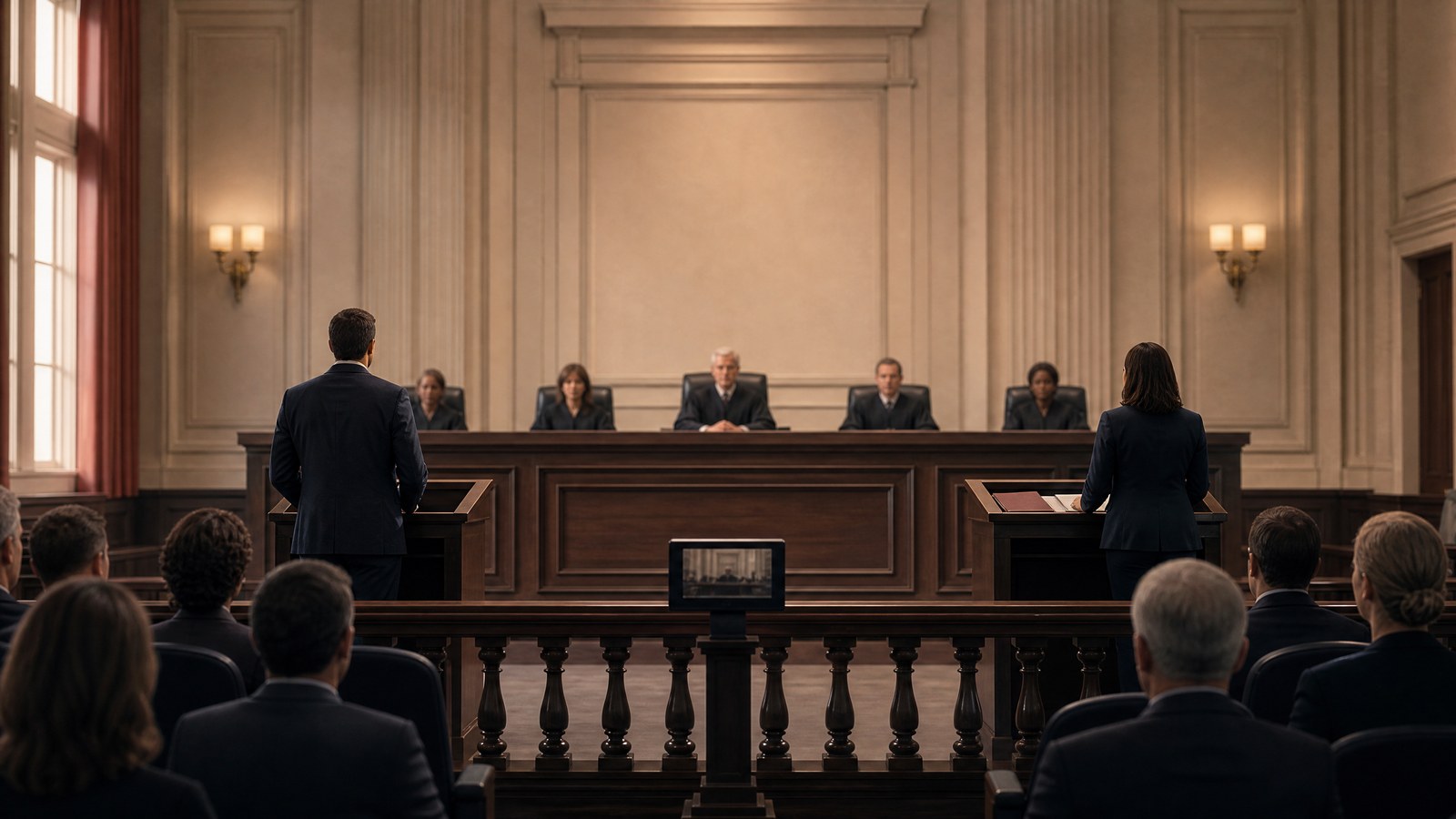 A public view of a Tennessee appellate oral argument, with attorneys at lecterns and judges on the bench.