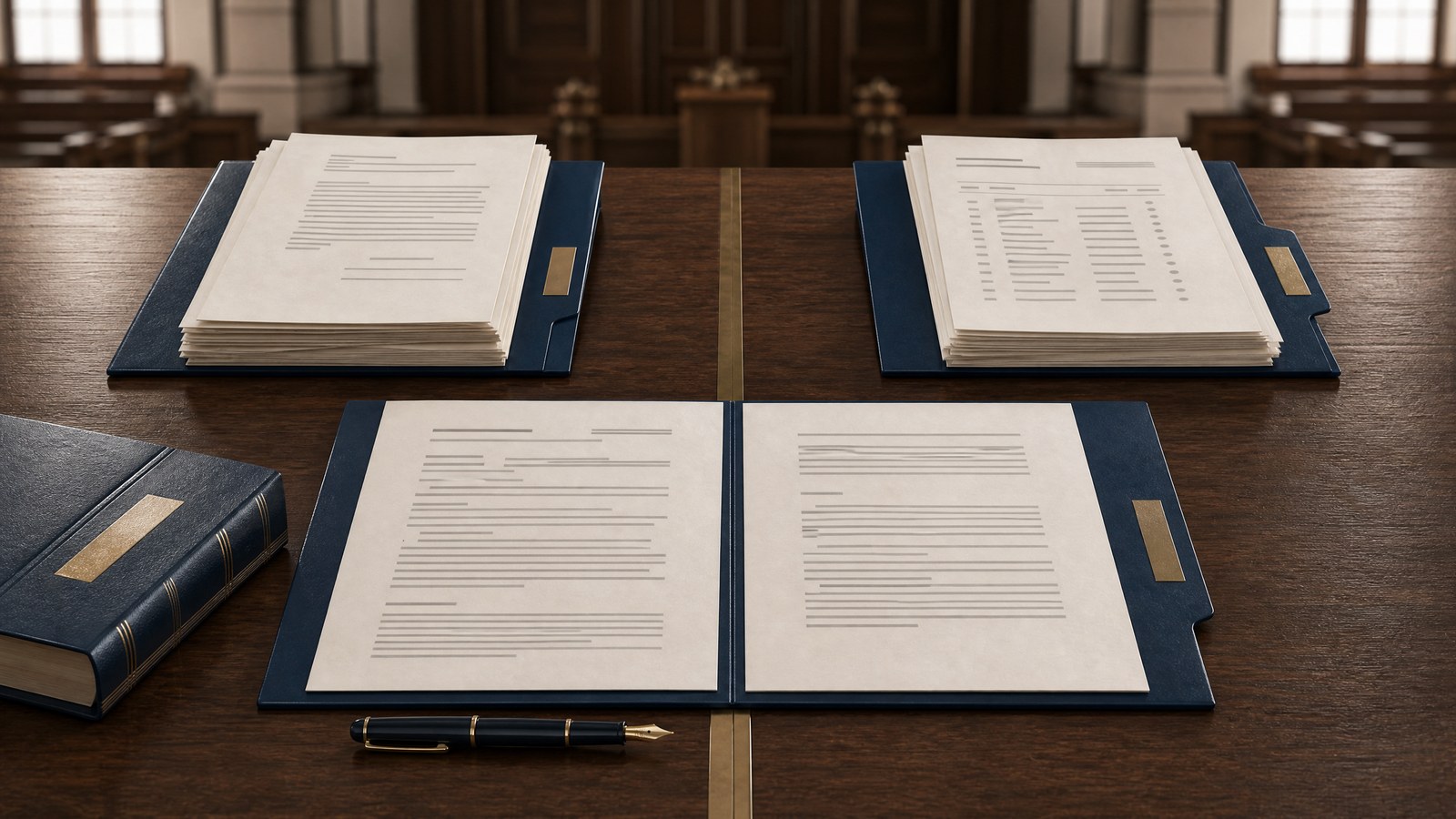 Two distinct legal case folders and an open court order illustrate the difference between dismissal outcomes.